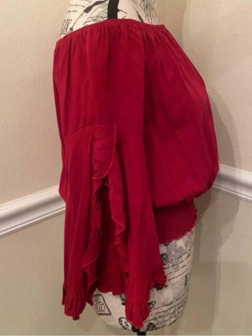 Living Doll Red Off Shoulder Boho Peasant Blouse Small